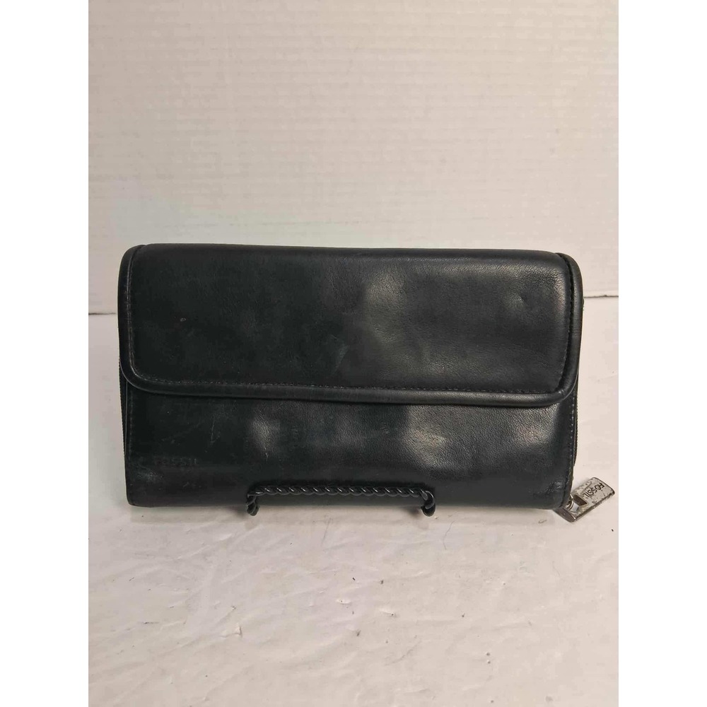 Fossil Black Leather Bifold Zip Around Wallet Organizer Zipper‎ Has Wear